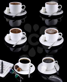 Collage (collection) of various coffee cups with coffee on black background