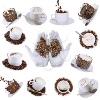 Collage (collection) of various coffee cups with coffee. Isolated over white.