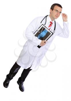 Friendly medical doctor stand with a x-ray image and medical pad. Isolated