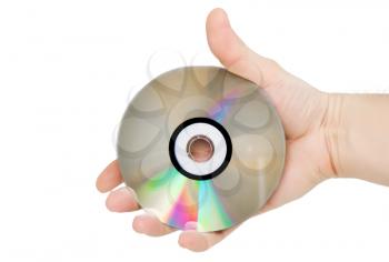 Single DVD(CD) disc hold in hand. Isolated over white