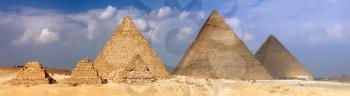 Great Pyramids, located in Giza, the pyramid of Pharaoh Khufu, Khafre and Menkaure. Egypt. Panorama