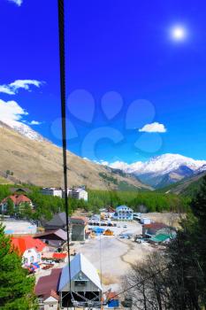 Wonderful view of the cableway in the mountains. Elbrus 