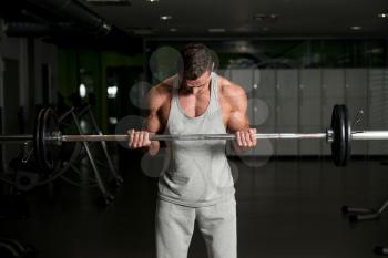 Men In The Gym Exercising Biceps With Barbell
