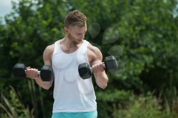 Athlete Working Out Biceps In Nature - Dumbbell Concentration Curls