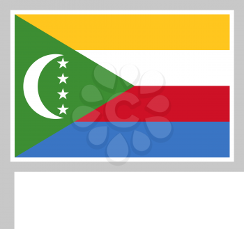 Comoros flag on flagpole, rectangular shape icon on white background, vector illustration.