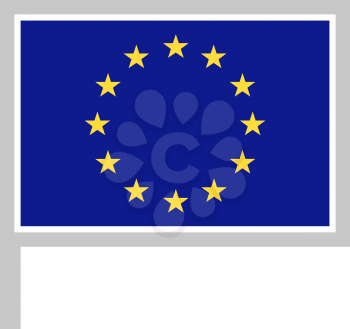 European Union flag on flagpole, rectangular shape icon on white background, vector illustration.