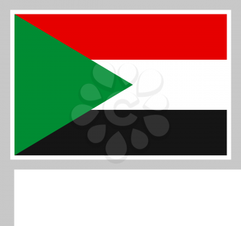 Sudan flag on flagpole, rectangular shape icon on white background, vector illustration.