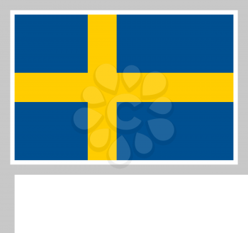 Sweden flag on flagpole, rectangular shape icon on white background, vector illustration.