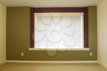 Horizontal photo of interior residential home accent wall painted green with large window and shade in background 
