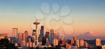 Summer sunset view of Seattle skyline in Washington State of the United States
