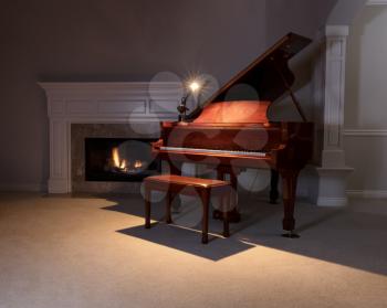 Piano with reading light on with glowing fireplace in background. Select focus on front of piano. 