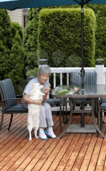 Senior woman communicating with her pet dog while preparing herbs outside on the home deck  