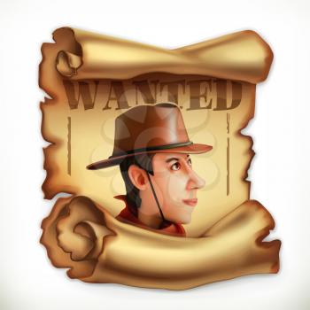 Wanted cowboy. Old paper scroll. 3d vector icon