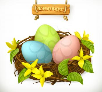 Bird nest, Easter eggs and spring flowers. 3d vector icon