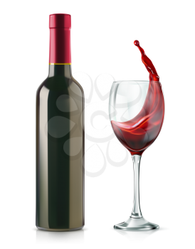 Bottle of wine and wineglass. Red splash. 3d realism, vector icon with transparency