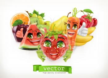 Strawberry, watermelon, carrot and juicy fruits. Funny cartoon characters. Kids food, 3d vector illustration