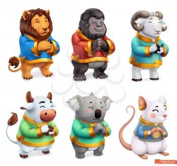 Funny animals. Lion, gorilla, ram, bull, koala, mouse. 3d vector icon set