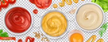 Sauces. Ketchup, mustard, mayonnaise. 3d vector realistic set
