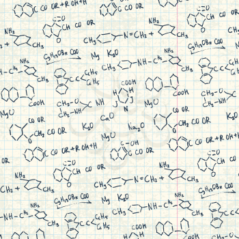 Abstract chemistry formulas on exercise book paper sheet. Vector background, EPS10.
