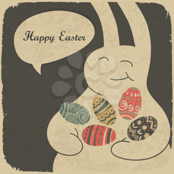 Chocolate rabbit and easter eggs. Retro style illustration.