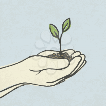 Hands with green sprout and dirt heap. Hand-drawn vector illustration, EPS10.