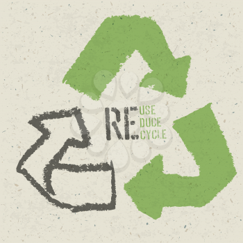 Reuse conceptual symbol and Reuse, Reduce, Recycle text on Recycled Paper Texture