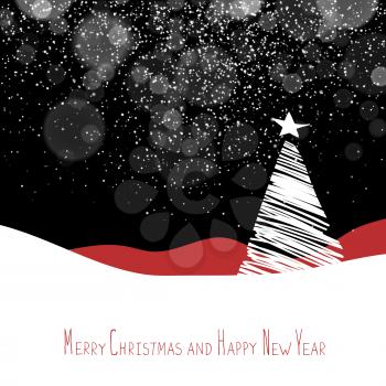 Merry Christmas and Happy New Year postcard. Christmas Tree. Xmas postcard template. Vector background with white tree silhouettes under snowfall. 