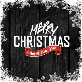 Merry Christmas! Greeting on Wooden Black Background. Snowflakes white frame isolated. 