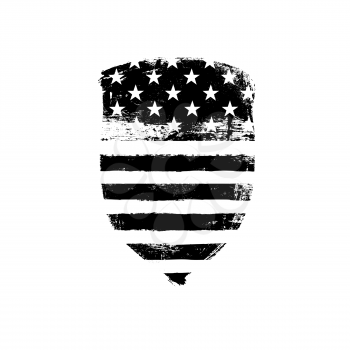 Defence symbol. Shield icon shaped american flag. Monochrome vector illustration.