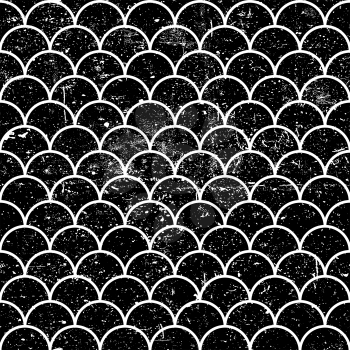 Grunge fish scales monochrome seamless pattern. Abstract black asian background, grunge textured