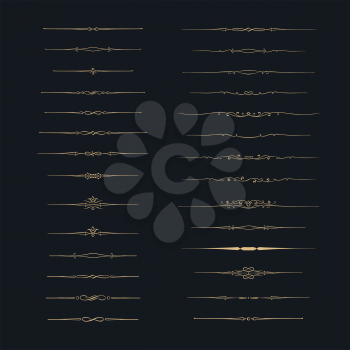 Dividers vector set. Vector set of calligraphic design elements and page decor. Gold decorative elements on black background.