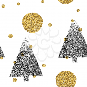 Golden dots and Christmas Trees. Symbol of Happy New Year, Merry Christmas holiday celebration. Seamless vector pattern