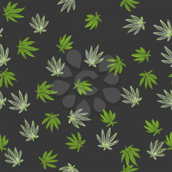 Seamless hemp leaves pattern. Green leaves on black background.