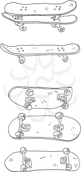 Skateboard mockup. Skateboards different angles views. Vector sports doodle set. 