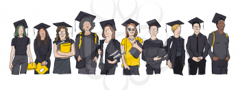 Class of 2021. Young students of different nations wearing mask. Dressed in dark tones with graduation hats. Happy students with backpacks and books. Vector illustration on white background, isolated.