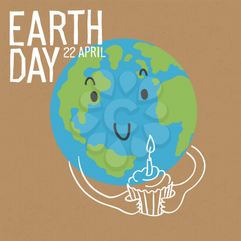 Cute Earth character with birthday cake. Earth day. Save the earth concept poster. Vector illustration