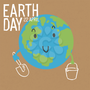 Cute Earth character image.
The earth smiles, holding a scoop and a bucket. Save the Earth concept. Vector illustration on cardboard