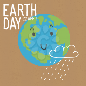 Cute Earth character with cloud and rain. Earth day or Save the earth concept poster. Vector illustration