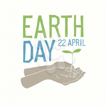 Earth day logo, 22 April. Plant in hand. On paper tone background