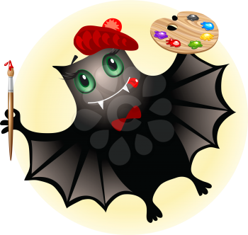 Cute bat artist with paint brash and palette