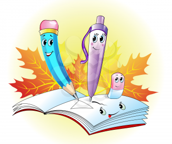 Cute pencil, pen, eraser and noteboock on autumn background