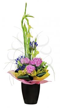 Floral bouquet of orchids, peon flowers and gladiolus arrangement centerpiece in vase isolated on white background. Closeup.