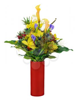 Colorful flower bouquet arrangement centerpiece in vase isolated on white background. Closeup.