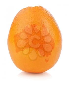 Fresh ripe orange with silhouette of Australia  isolated on white background. Closeup.
