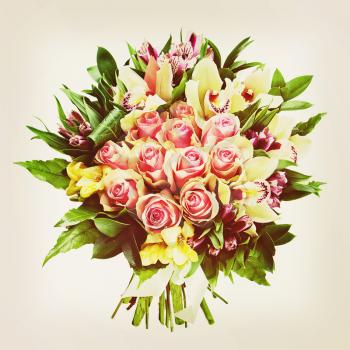 Bouquet of roses, lilies and orchids with retro filter effect. Closeup.