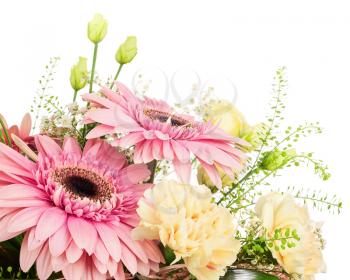 Fragment of bouquet from gerbera, carnations and other flowers isolated on white background.
