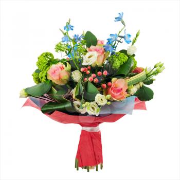 Flower bouquet from multi colored roses, iris and other flowers arrangement centerpiece isolated on white background.