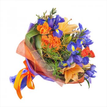 Flower bouquet from roses, lilies, iris  and other flowers isolated on white background.