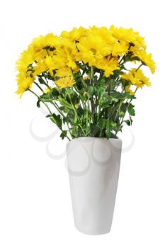 Colorful autumn yellow flower bouquet arrangement centerpiece in vase isolated on white background.