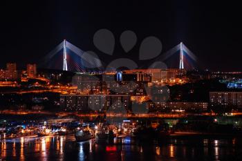 night view of the longest cable-stayed bridge in the world in the Russian Vladivostok over the Eastern Bosphorus strait to the Russky Island